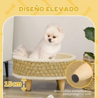 PawHut Cama para Perros Miniaturas con Cojín Lavable Cuerda de Seagrass y Marco de Madera Ø48x24,5 cm Beige(m-7)