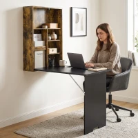 HOMCOM Folding Wall-Mounted Drop-Leaf Table, Convertible Wall Table With Chalkboard and Storage Shelf, Rustic Brown(m-9)