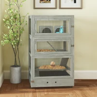 PawHut 4-stufiger Hamsterkäfig aus Holz, mit Hütten, Wippe, Futterschalen, Rampen, Rollen, 65 x 45 x 109 cm, Grau(m-10)