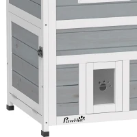 PawHut Maisonnette pour chats sur 2 étages en bois intérieur et extérieur toit rabattable 51 x 51 x 81,3 cm blanc et gris(m-7)