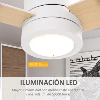 HOMCOM Ventilador de Techo Motor AC 48W con Luz LED Mando a Distancia 3 Velocidades y 3 Aspas de Madera Ø112x25 cm Blanco(m-5)