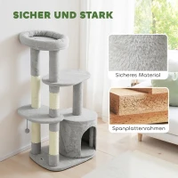PawHut Krabpaal 114 cm klimtoren met hol, sisalstammen, platform, meerlaagig voor middelgrote katten tot 6 kg, Lichtgrijs(m-6)