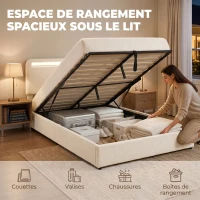 HOMCOM Lit Coffre 160 x 200 cm, LED RGB, Tête Réglable, Cadre de Lit Double Rembourré Velours, Rangement Hydraulique, Crème(m-4)