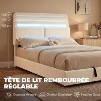 HOMCOM Lit Coffre 160 x 200 cm, LED RGB, Tête Réglable, Cadre de Lit Double Rembourré Velours, Rangement Hydraulique, Crème(m-6)