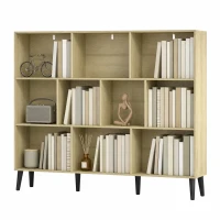 HOMCOM 10-Cube Bookcase, 3-Tier Book Shelf with Solid Wood Legs, 140 cm Modern Bookshelf with Anti-Tip Kit, Oak(m-15)