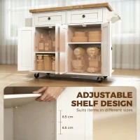 HOMCOM Kitchen Island on Wheels, Rolling Kitchen Storage Trolley with Rubber Wood Top, Drawers, Adjustable Shelves, Cream White(m-5)