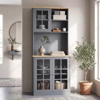 HOMCOM Kitchen Pantry, Buffet Hutch with 3 Storage Cabinets, 2 Open Shelves and Large Countertop for Kitchen, Grey(m-9)