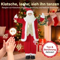 HOMCOM Singender Weihnachtsmann, 150 cm, stehende animierte Weihnachtsfigur mit Glocke und Kranz, per Sound/Berührung aktiviert(m-5)
