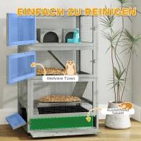 PawHut 4-laags houten hamsterkooi, met huisjes, wip, voederbakken, rampen, wielen, 65 x 45 x 109 cm, grijs(m-6)
