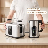 HOMCOM Kettle and Toaster Set with LED Touch Screen, Kettle with Strix Thermostat, 2 Slice Toaster w/ 6 Browning Levels, Silver(m-3)