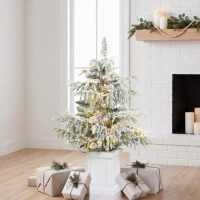 HOMCOM 3ft Prelit Flocked Christmas Tree, Artificial Snow Flocked Spruce with 100 Warm White LED Lights, 8 Modes, Green(m-8)