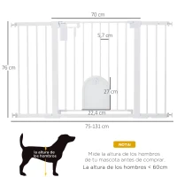 PawHut Barrera de Seguridad para Perros con Puerta Pequeña para Escaleras y Puertas 75-131 cm con 3 Extensiones Blanco(m-3)