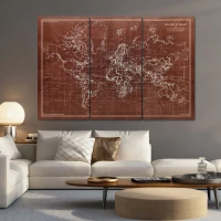 HOMCOM Cuadros en Lienzo Trípticos Mapamundi Vintage a Mano 120x60 cm con Marco de Madera Decoración para Dormitorio Marrón(m-7)