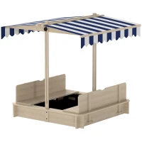 Outsunny Sandkasten 106x106 cm Kinder Sandbox aus Holz mit höhenverstellbar Abdeckung Sitzbänken Rücklehnen Blau(m-11)