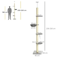 PawHut kattenboom, plafondhoog, krabpaal voor katten, in hoogte verstelbaar(m-3)