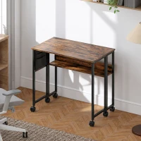 HOMCOM Bureau pliable sur roulettes 80 x 50 cm avec étagère et sac de rangement, brun rustique(m-2)