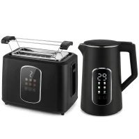 HOMCOM Kettle and Toaster Set with LED Touch Screen, Kettle with Strix Thermostat, 2 Slice Toaster w/ 6 Browning Levels, Black(m-1)