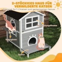 PawHut Buitenkattenhuis met Weerbestendig Dak, Venster, Balkon, Uitneembare Bodem, 2 Niveaus, voor 1-2 Katten, Grijs(m-5)