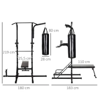 HOMCOM Estación de Musculación con Saco de Boxeo 20 kg Barra de Dominadas y Banco de Pesas Plegable 180x183x219 cm Negro(m-3)