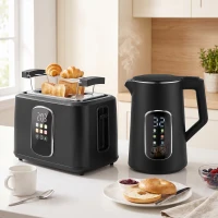 HOMCOM Kettle and Toaster Set with LED Touch Screen, Kettle with Strix Thermostat, 2 Slice Toaster w/ 6 Browning Levels, Black(m-2)