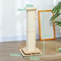 PawHut 3-in-1 Krabpaal met Speelrail, Speelbal, Sisal, tot 10 kg, 39,5 x 39,5 x 87 cm, Eiken/Crème(m-3)