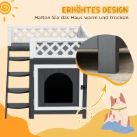 PawHut Katzenhaus, zweistöckig, mit Balkon und Treppe, für drinnen und draußen, für Katzen und Kaninchen, Tannenholz, Grau(m-5)