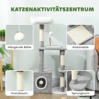 PawHut Krabpaal 107 cm kattentoren met hol, 2 pluche ballen, sisalstammen, groot platform, 55x40x107 cm, Grijs(m-4)