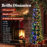 HOMCOM Árbol de Navidad Estrecho con 170 Luces LED Bicolor 180 cm 351 Ramas Ignífugas 11 Modos Piñas Bayas Rojas Mando Verde(m-5)