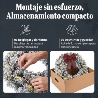 HOMCOM Corona de Navidad Puerta Efecto Nevado con 50 LED Luces Piñas Bayas y Lazo Festivo para Chimenea Pared Ventana(m-7)