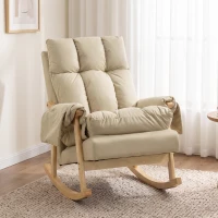 HOMCOM Fauteuil à bascule en tissu technique rembourré, Assise profonde, Poches latérales, Pieds en bois d'hévéa, Beige(m-2)