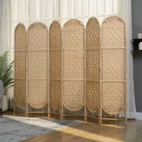 HOMCOM Paravent interieur ovale 6 panneaux 240 x 170 cm séparateur de pièce pliable, léger et tissé, bois naturel(m-9)
