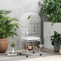 PawHut Gaiola para Pássaros com Rodas e Estante 51x51x153 cm com Parte Superior Rebatível Comedouros e Bandeja Removível Branco(m-10)