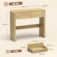 HOMCOM Consolă cu 2 sertare, mobilier consolă, 100 x 30 x 85 cm, colțuri rotunjite și blat gros, lemn natural(m-3)
