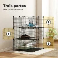 PawHut Cage Chat Intérieur Enclos Chat Modulable 3 Portes Hamac Échelle pour Petits Animaux de Compagnie 70x70x105cm Noir(m-6)