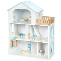 AIYAPLAY Casa de Muñecas de Madera de 3 Pisos con Ascensor y Balcón 5 Habitaciones y 13 Muebles para Niños de 3 a 6 Años Azul(m-11)