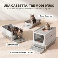 PawHut Lettiera Gatti Acciaio Inox con Coperchio, XL 90 L, Chiusa con Gradino, Paletta, Bordi Alti, Grigio Chiaro(m-4)