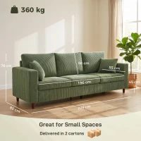 HOMCOM 3 Seater Sofa with Wide Seat, Corduroy Fabric Couch with Deep Seat, Spring Cushion, Green(m-3)