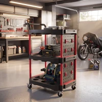 HOMCOM 3-Tier Rolling Tool Cart with Pegboard and Hooks, Storage Trolley Wheel Cart with Brakes, Black & Red(m-2)