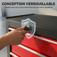 HOMCOM Chariot à outils sur roulettes, Servante d'atelier en acier 5 tiroirs verrouillable 2 clés, 61,5 x 33 x 82,5 cm, rouge(m-7)