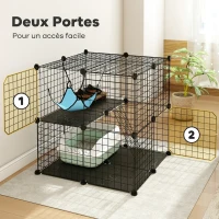 PawHut Enclos pour Chat 70 cm, Cage pour Chat en Acier avec 2 Portes, Design Modulaire DIY pour Chats de moins de 4 kg, 2 Niveaux avec Plateforme et Hamac, Noir(m-6)
