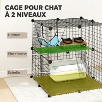 PawHut Enclos pour Chat 70 cm, Cage pour Chat en Acier avec 2 Portes, Design Modulaire DIY pour Chats de moins de 4 kg, 2 Niveaux avec Plateforme et Hamac, Noir(m-5)