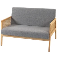 HOMCOM Sofá de 2 Lugares com Efeito Linho Detalhes em Vime Sintético e Estrutura em Madeira até 240 kg 115x77x77 cm Cinza(m-11)
