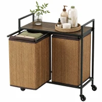 HOMCOM Coș rufe din bambus 2 compartimente 120 L colector rufe cu raft, cutie de rufe sac de rufe, pe roți 73x33x78 cm, Maro(m-8)