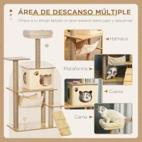 PawHut Árbol Rascador para Gatos 130 cm, Árbol para Gatos con 5 Plataformas, Hamaca, Escalera, Cueva, Postes de Yute, Bola Colgante, Beige(m-4)