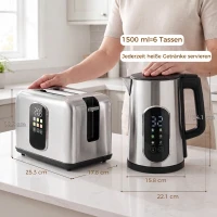 HOMCOM Hervidor de 1,5 L, 2200 W, con pantalla táctil LED, tostadora de 2 rebanadas con 6 niveles de tostado, plateado(m-3)