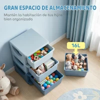 HOMCOM Torre de Almacenamiento Infantil con 3 Cajones, Organizador de Juguetes para Niños de +3 Años, con Bordes Redondeados y Asas, para Guardería, Sala de Juegos, Dormitorio, 37x37x56,5 cm, Azul(m-4)