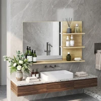 kleankin Espejo de Baño de Pared con 2 Estantes Laterales y Estante Inferior para Entrada Pasillo 75x10x48 cm Madera Natural(m-9)