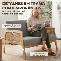 HOMCOM Sofá de 2 Lugares com Efeito Linho Detalhes em Vime Sintético e Estrutura em Madeira até 240 kg 115x77x77 cm Cinza(m-4)