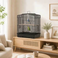 PawHut Gaiola para Pássaros 46,5x36x59 cm Gaiola de Metal para Pássaros com 2 Comedouros 2 Poleiros Baloiço Bandeja Amovível Preto(m-8)