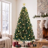 HOMCOM Árbol de Navidad Decorativo 180 cm con 240 LED 755 Ramas Ignífugas Estrella 30 Bolas 18 Lazos Decoración Dorado Verde(m-10)